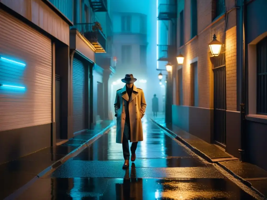 Escena de película noir con detective bajo la lluvia, técnica de escritura detectivesca