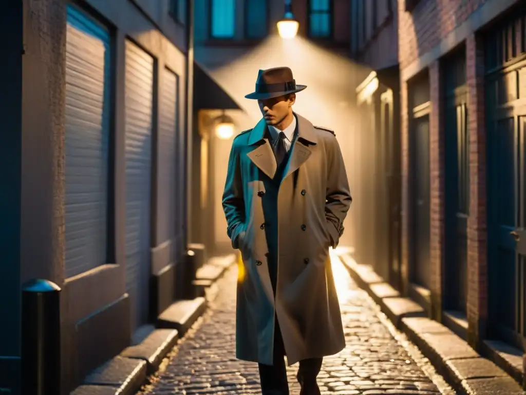 Escena de película detectivesca en callejón oscuro con figura misteriosa
