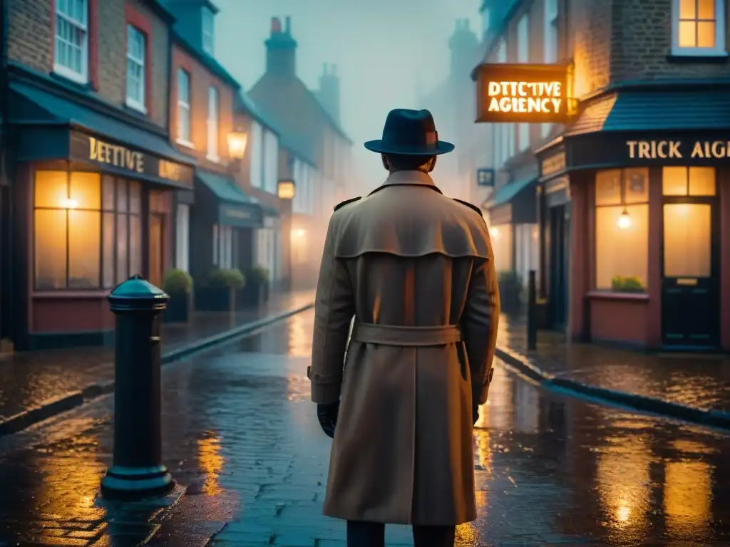 Escena de película noir: calle empedrada inglesa iluminada por faroles, taxis negros y figura misteriosa bajo letrero 'Detective Agency'