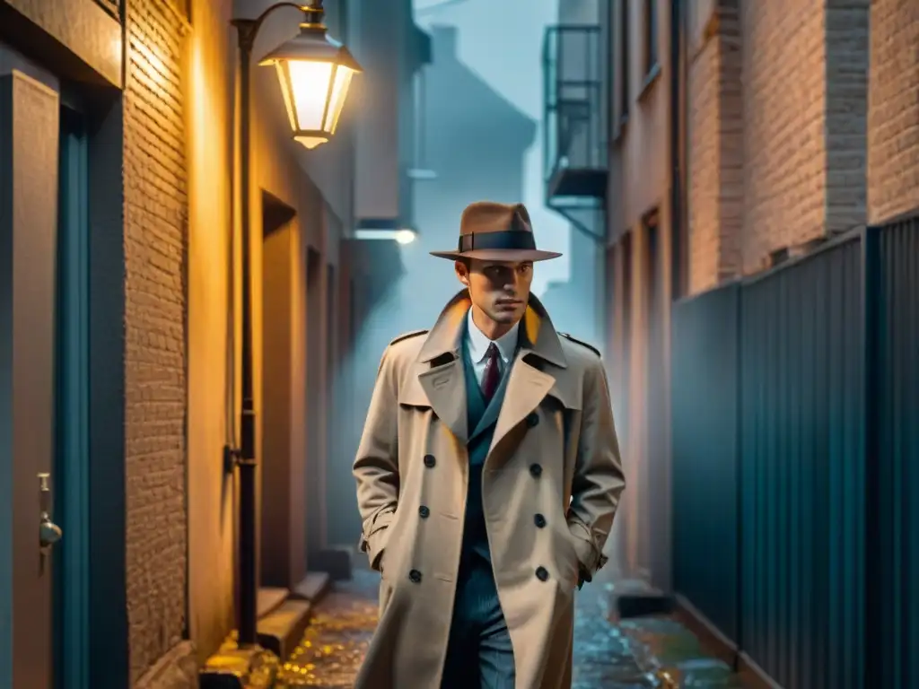 Nocturno intrigante: figura solitaria en callejón sombrío Escena de película noir con figura solitaria bajo farola en callejón sombrío