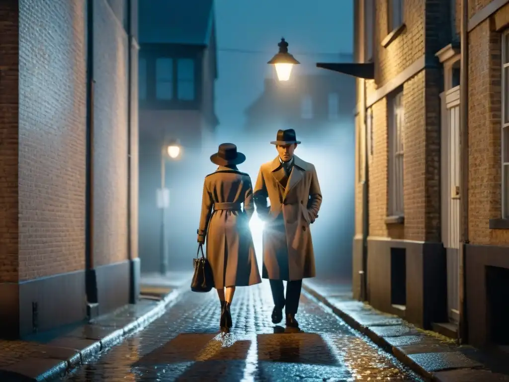 Una escena de película noir con dos figuras intercambiando un sobre en un callejón oscuro, evocando las convenciones del género de detectives