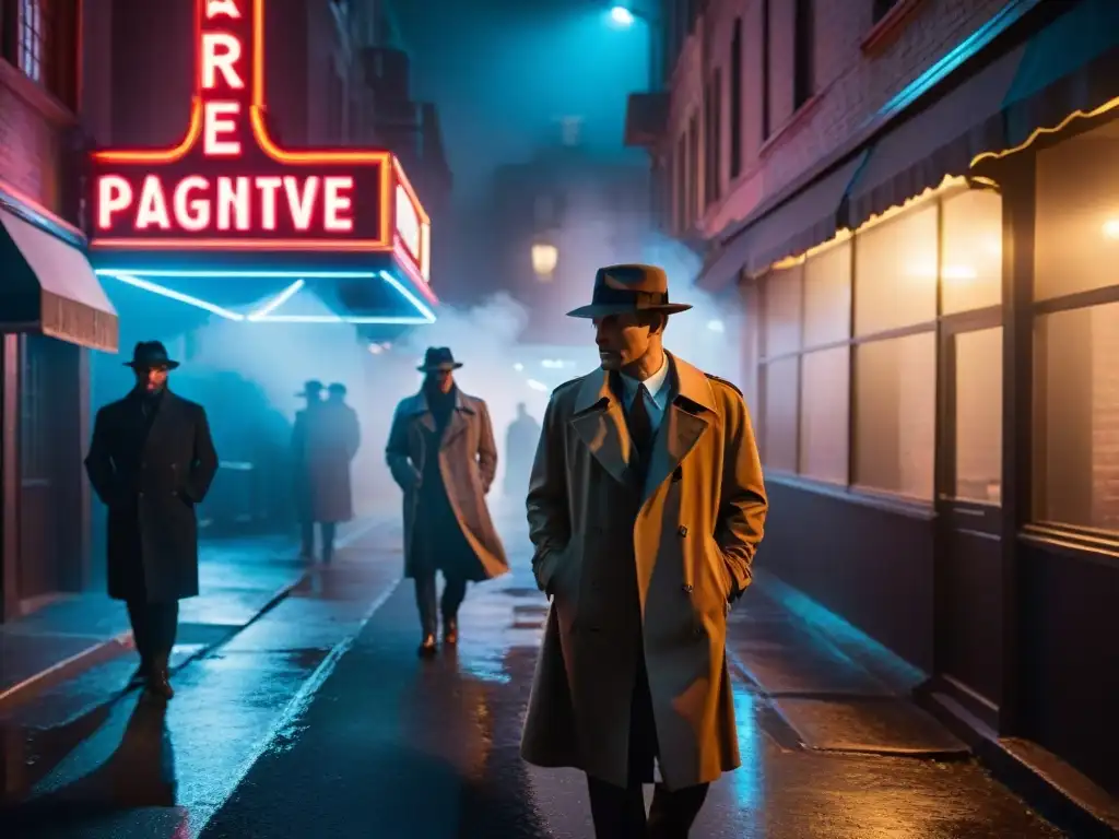 Escena de película noir con figuras misteriosas en un callejón oscuro iluminado por un letrero de neón, evocando narración no lineal en detectives