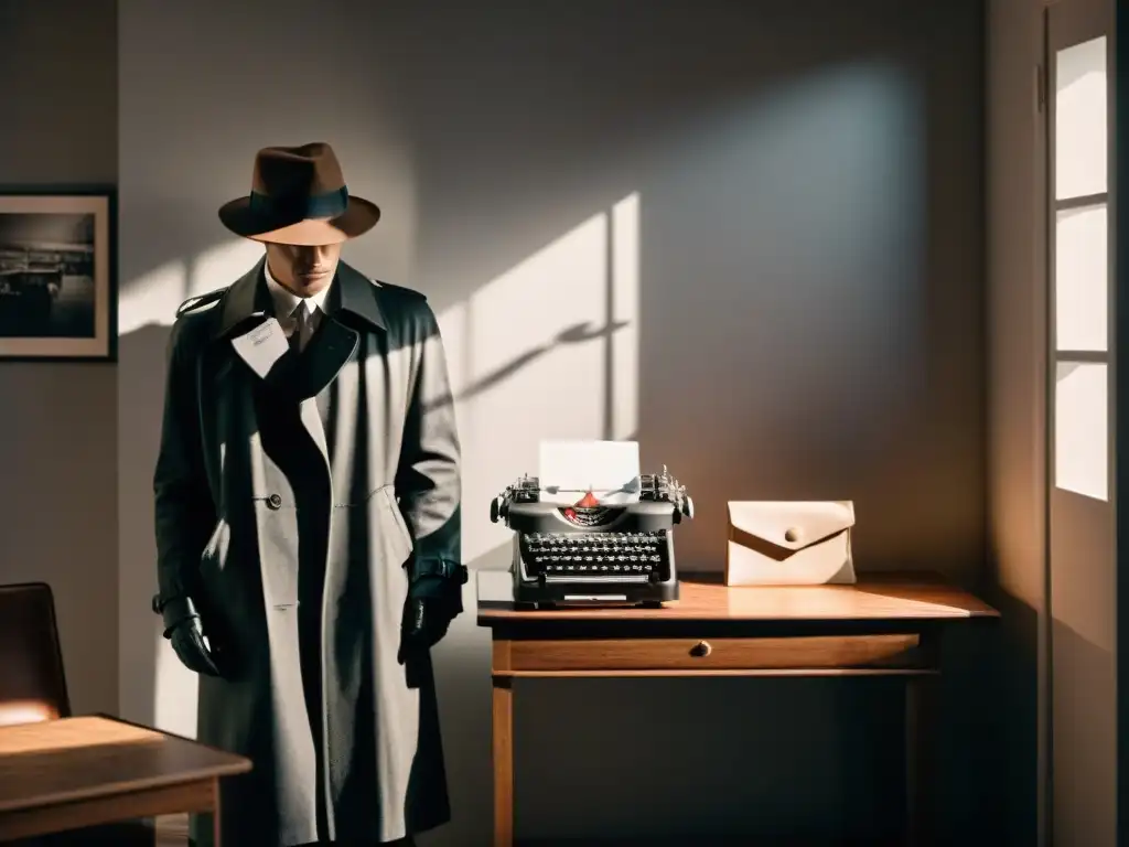 Escena de película noir con una máquina de escribir vintage, sombras y una figura misteriosa junto a la ventana