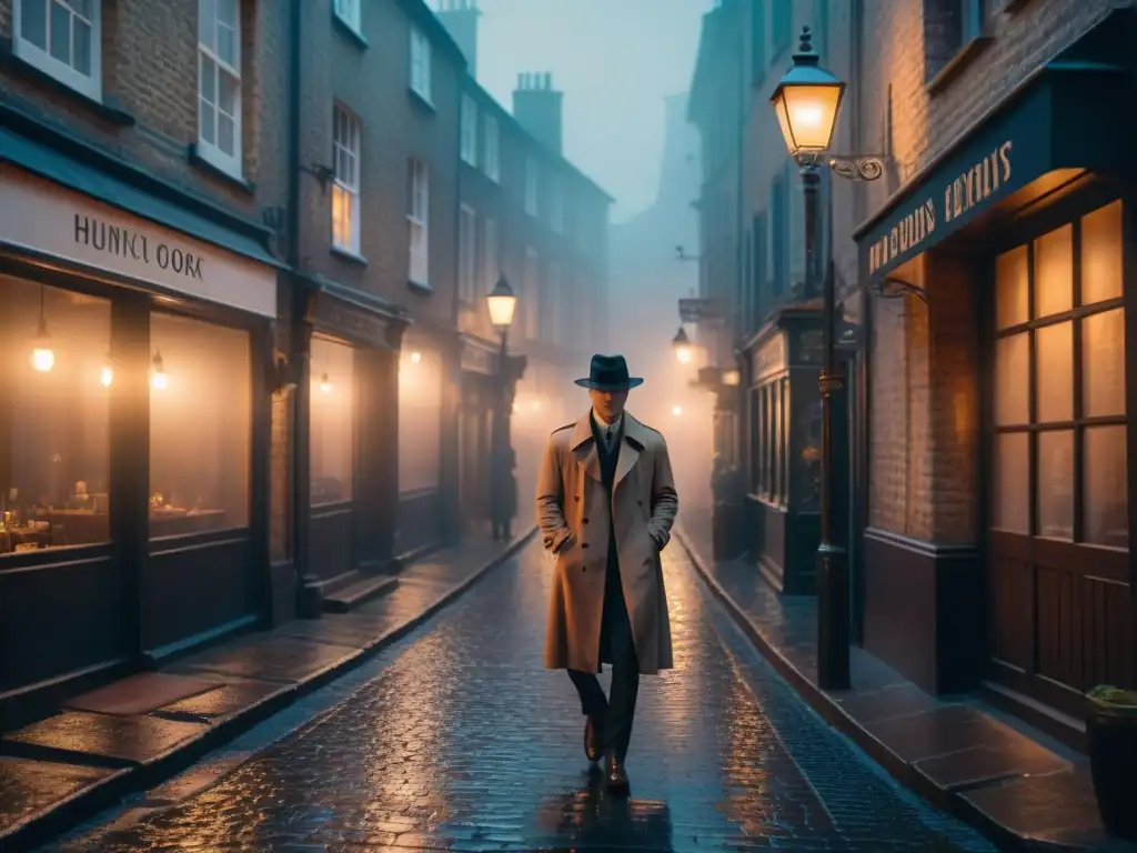 Escena de película noir: callejón con neblina, farola antigua, figura misteriosa y pareja romántica