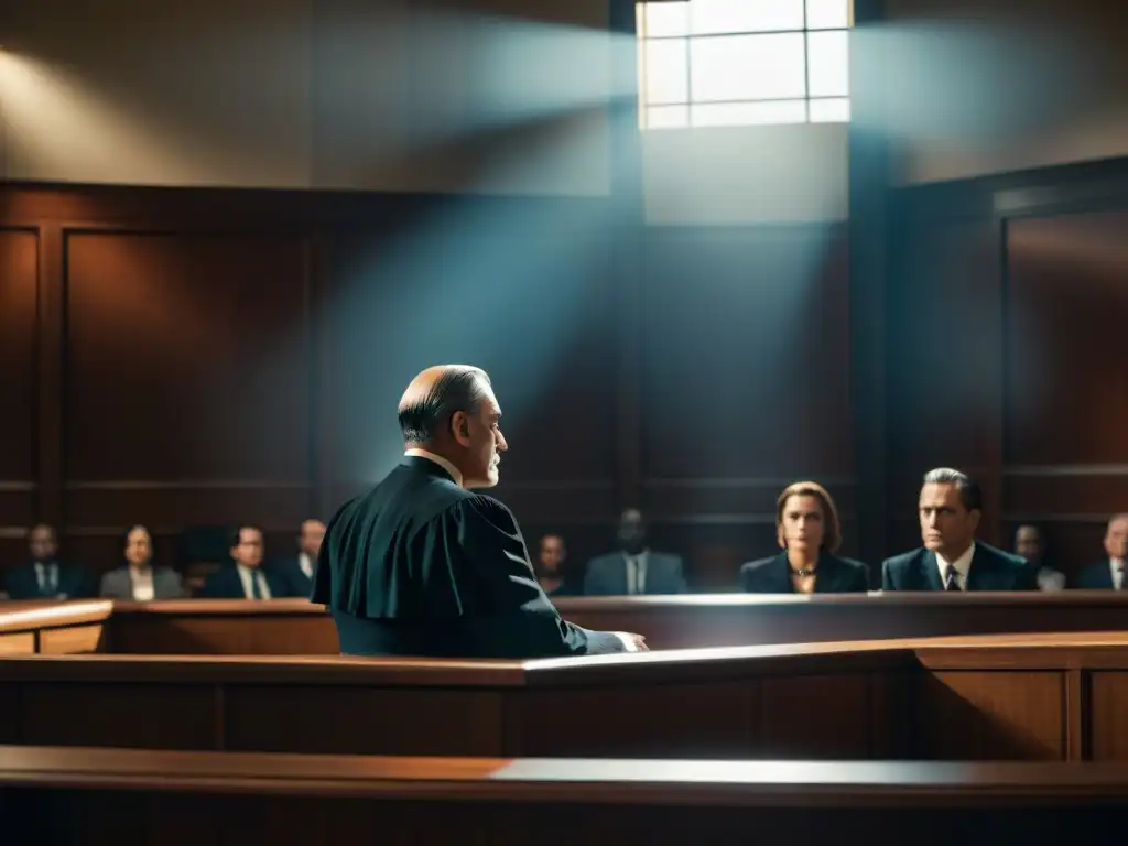 Escena de tribunal con sombras, reflejando la tensión y drama de un juicio en película noir