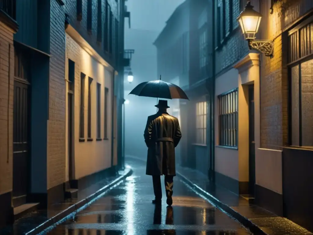 Un escenario de cine negro con una figura misteriosa en la lluvia, iluminada por una tenue farola