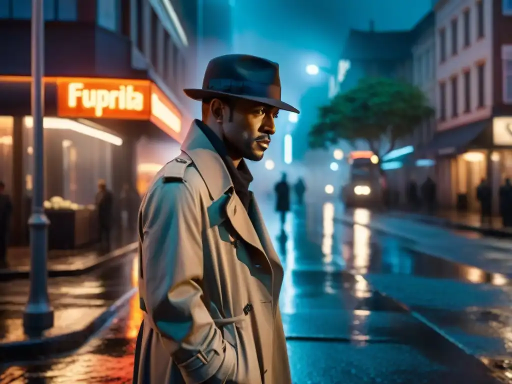 Un escenario de cine negro con un misterioso detective bajo la lluvia y luces de neón