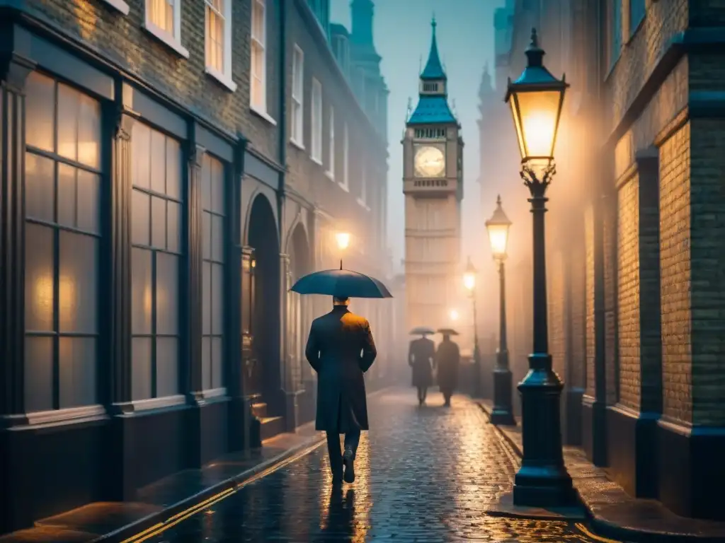 Escenario misterioso de cine británico con figuras en sombra, faroles antiguos y silueta de Big Ben en la niebla