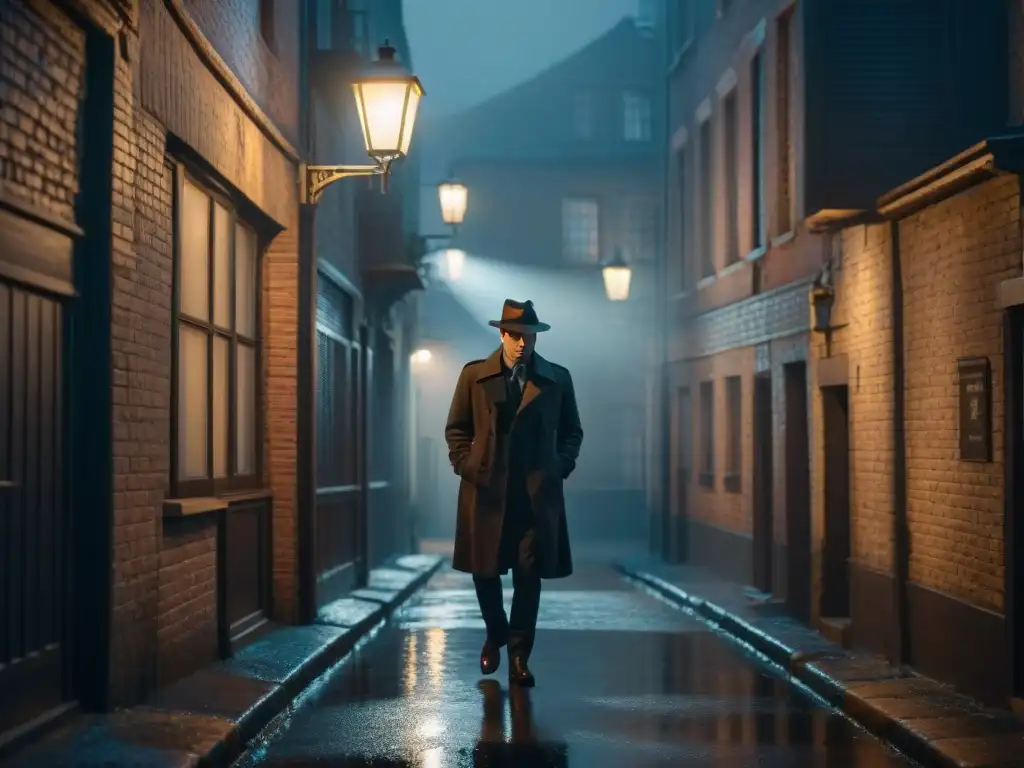 Escenario nocturno de un callejón sombrío, iluminado por una lámpara titilante