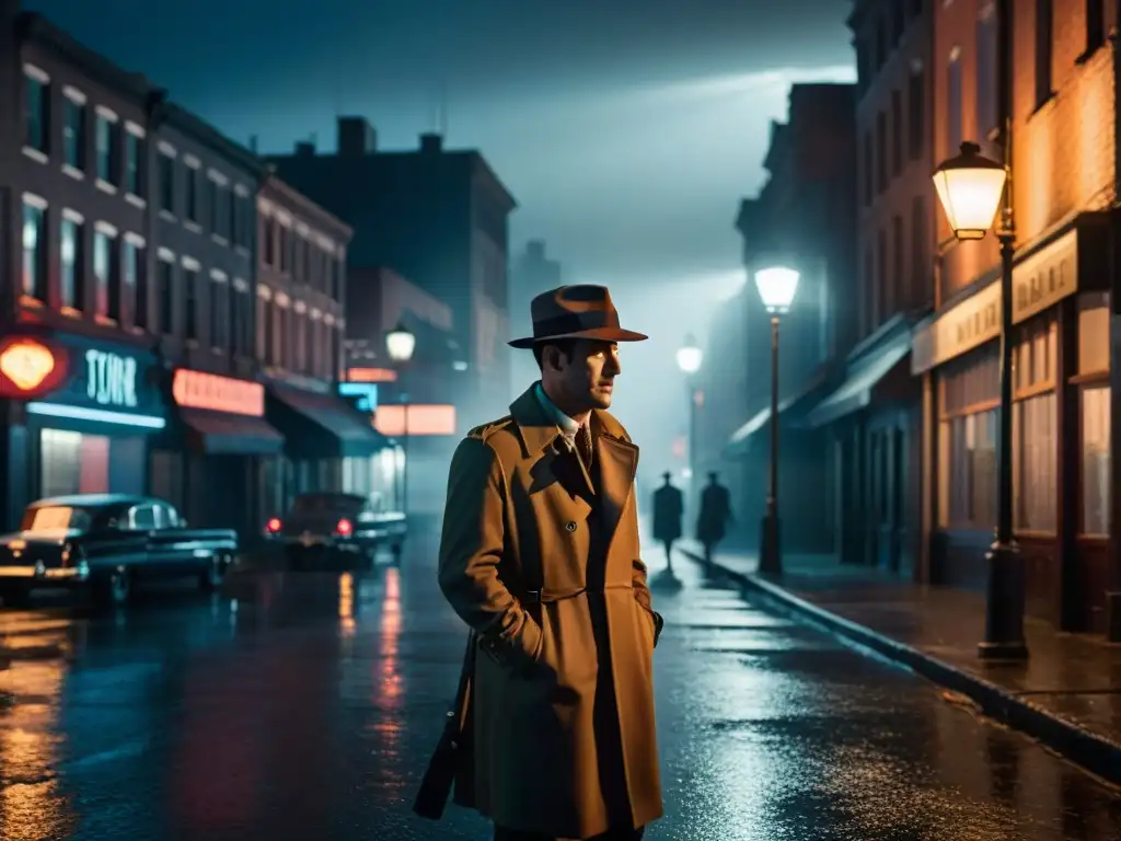 Un escenario nocturno de ciudad en sombras con influencia Raymond Chandler detective Philip Marlowe