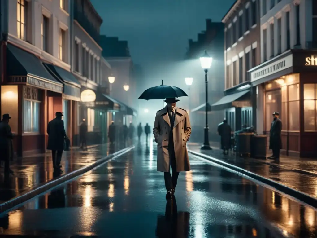 Un escenario de película noir: una calle nocturna, lluviosa y sombría, donde un solitario figura camina bajo farolas parpadeantes