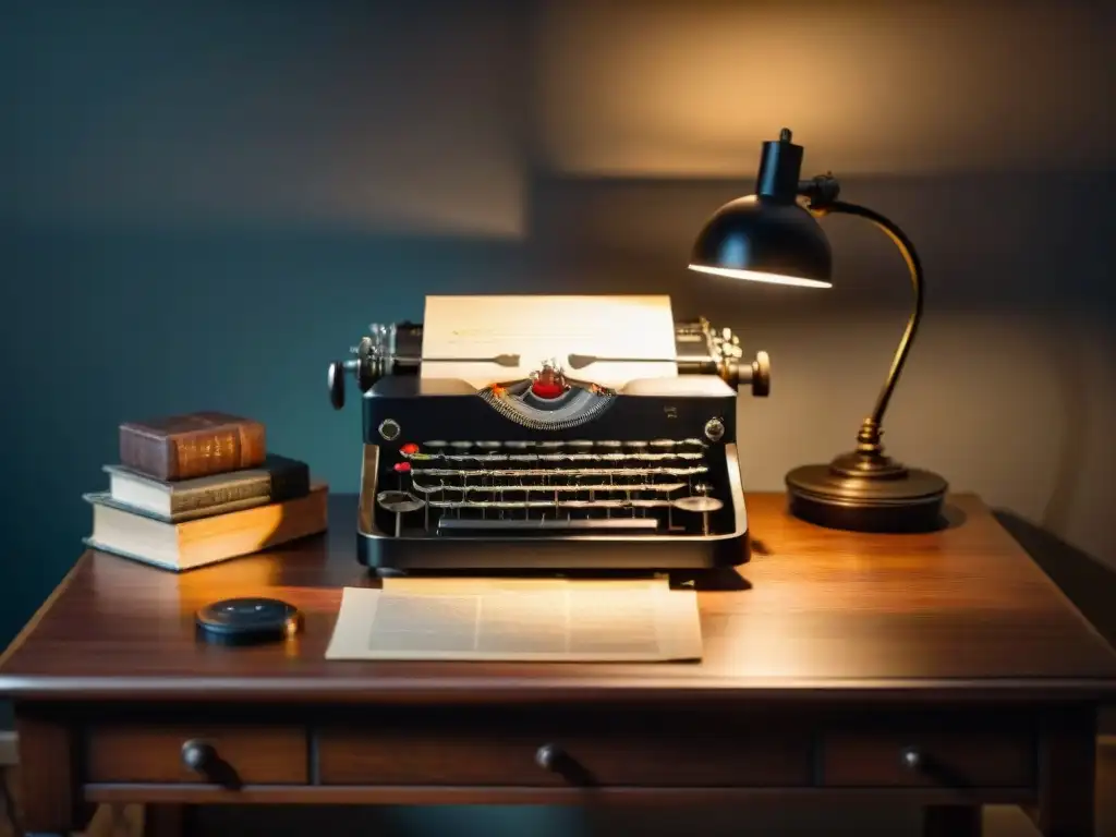 Misterio y comedia en una habitación vintage Un escenario sombrío con una máquina de escribir vintage en un escritorio de madera, rodeada de papeles arrugados y un vaso de whisky a medias