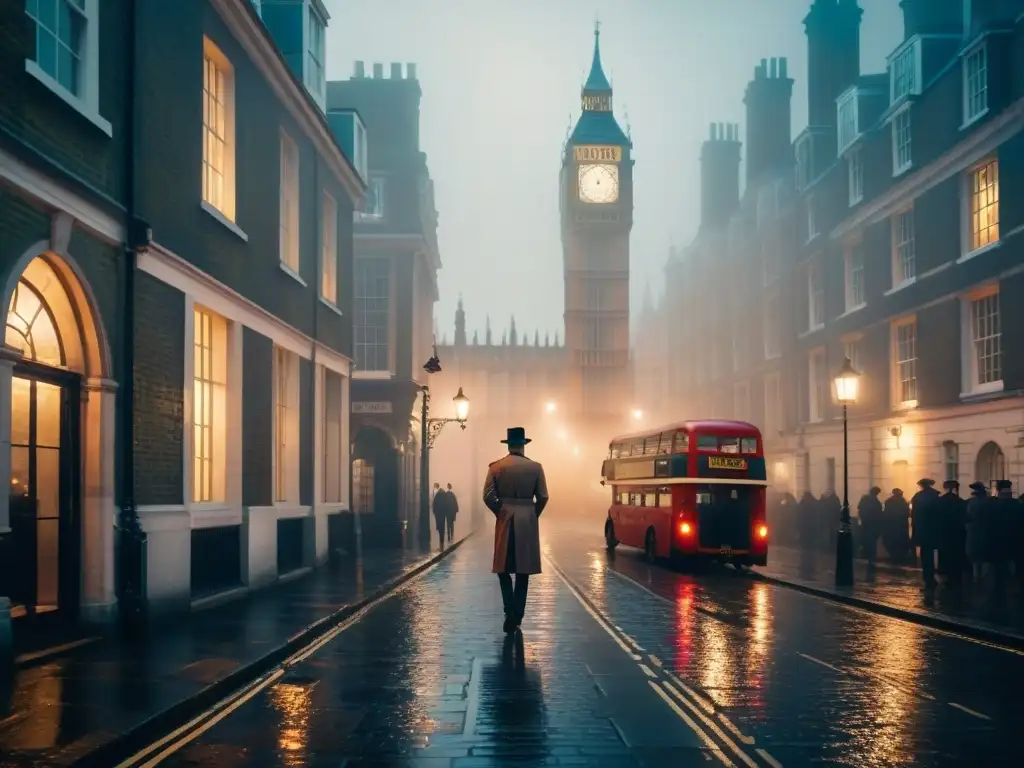 Escenarios misterio británico cine televisión: Callejón londinense envuelto en niebla, figuras misteriosas entre sombras, Big Ben de fondo