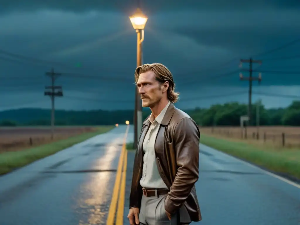 Rust Cohle solo bajo farola en noche lluviosa