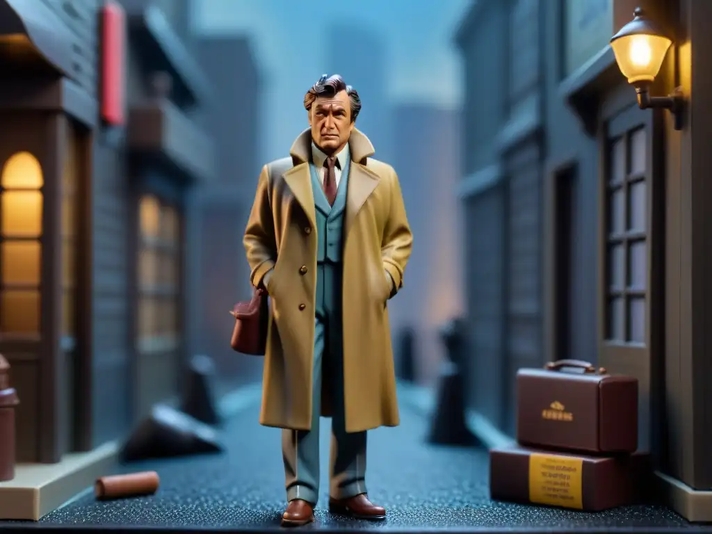 Una figura de acción detallada en 8k de 'Columbo' en un ambiente noir, inmerso en un mundo de detectives con merchandising especial 'Columbo'