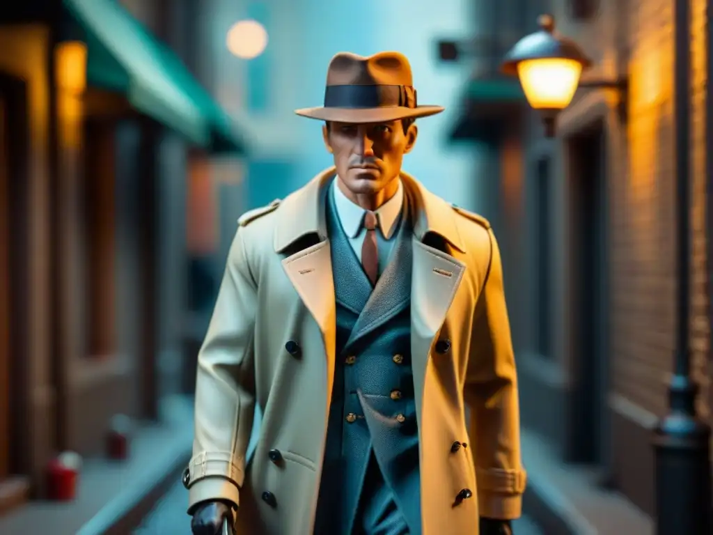 Figura de acción de detective en cine noir, con detalles meticulosos y ambientación sombría