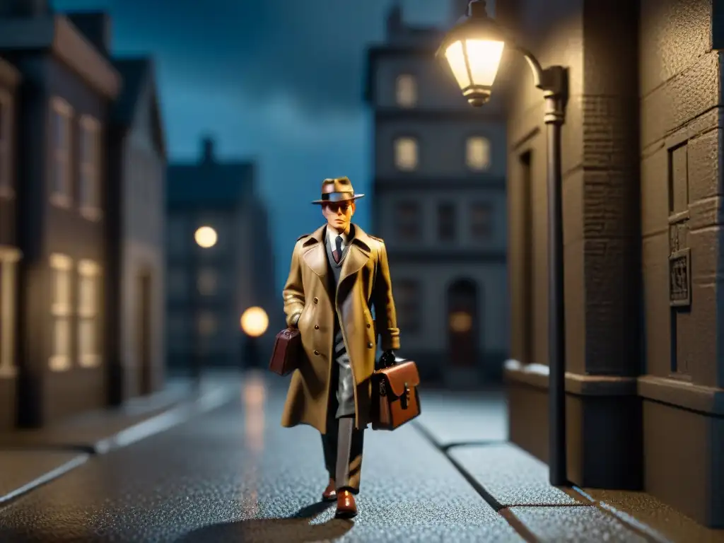 Figura de acción de detective vintage bajo luz de farola en la lluvia