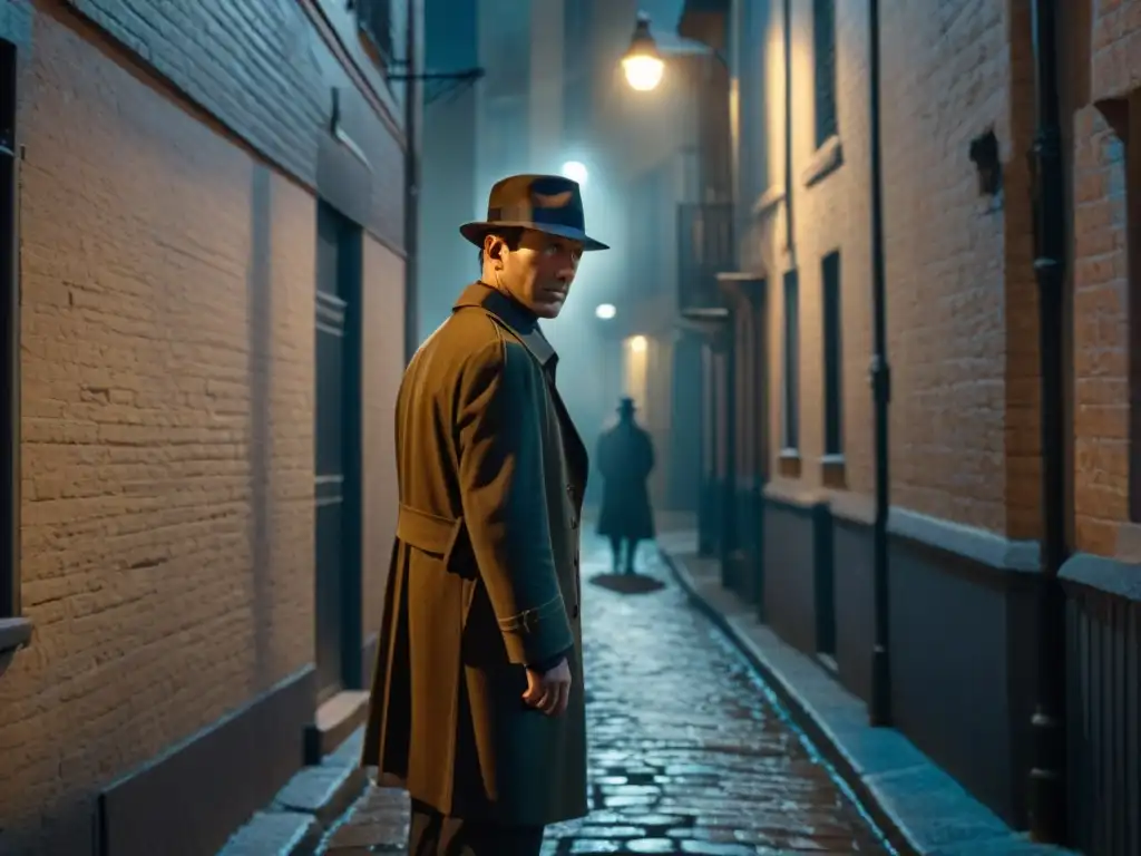 Figura de acción detectives coleccionables en un callejón nocturno sombrío, iluminado por una tenue farola, evocando misterio y suspense