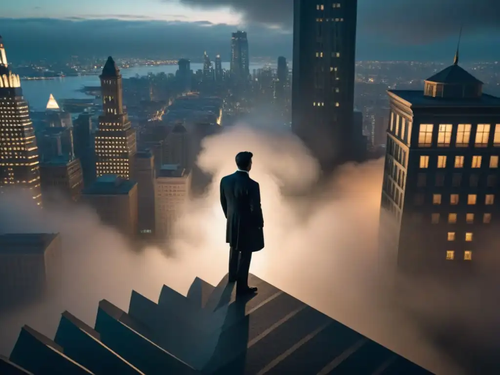 Silueta misteriosa en espiral vertiginosa sobre la ciudad Figura misteriosa en el borde de un edificio alto, con escalera en espiral, evocando el suspense de 'Vértigo' de Alfred Hitchcock