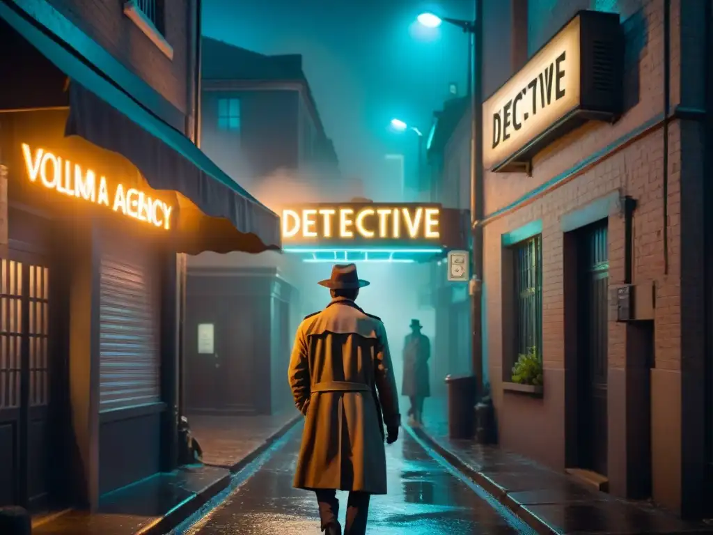 Una figura misteriosa en un callejón bajo la luz de un farol, mirando un letrero de 'Agencia de Detectives'
