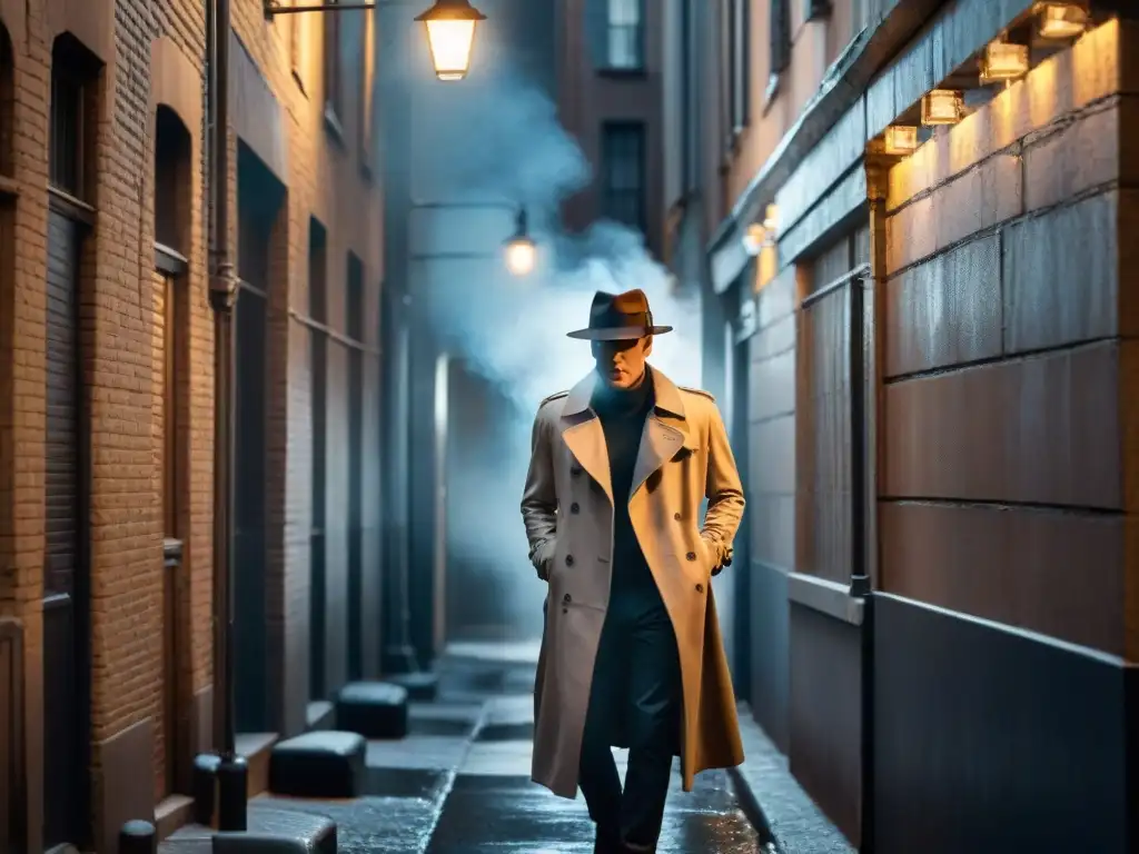 Figura misteriosa en un callejón oscuro en blanco y negro, con sombrero y gabardina, fumando