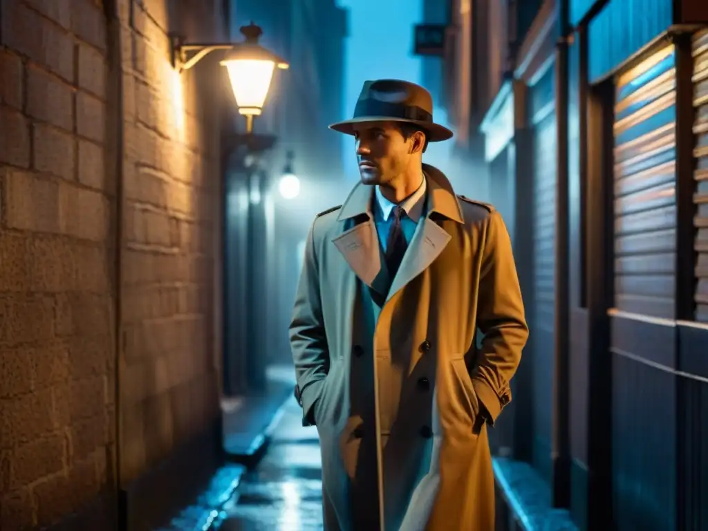 Figura misteriosa en un callejón oscuro de noche, bajo una farola parpadeante