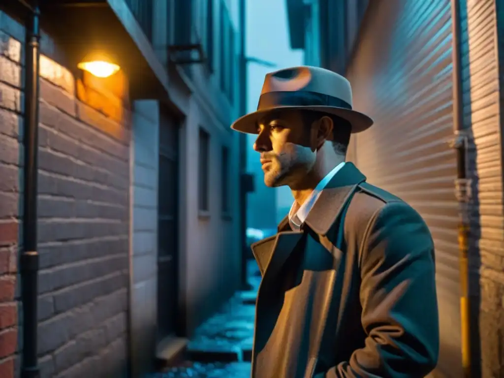 Figura misteriosa en un callejón oscuro y húmedo, con sombrero y cigarrillo, reflejos de neón en charcos brillantes