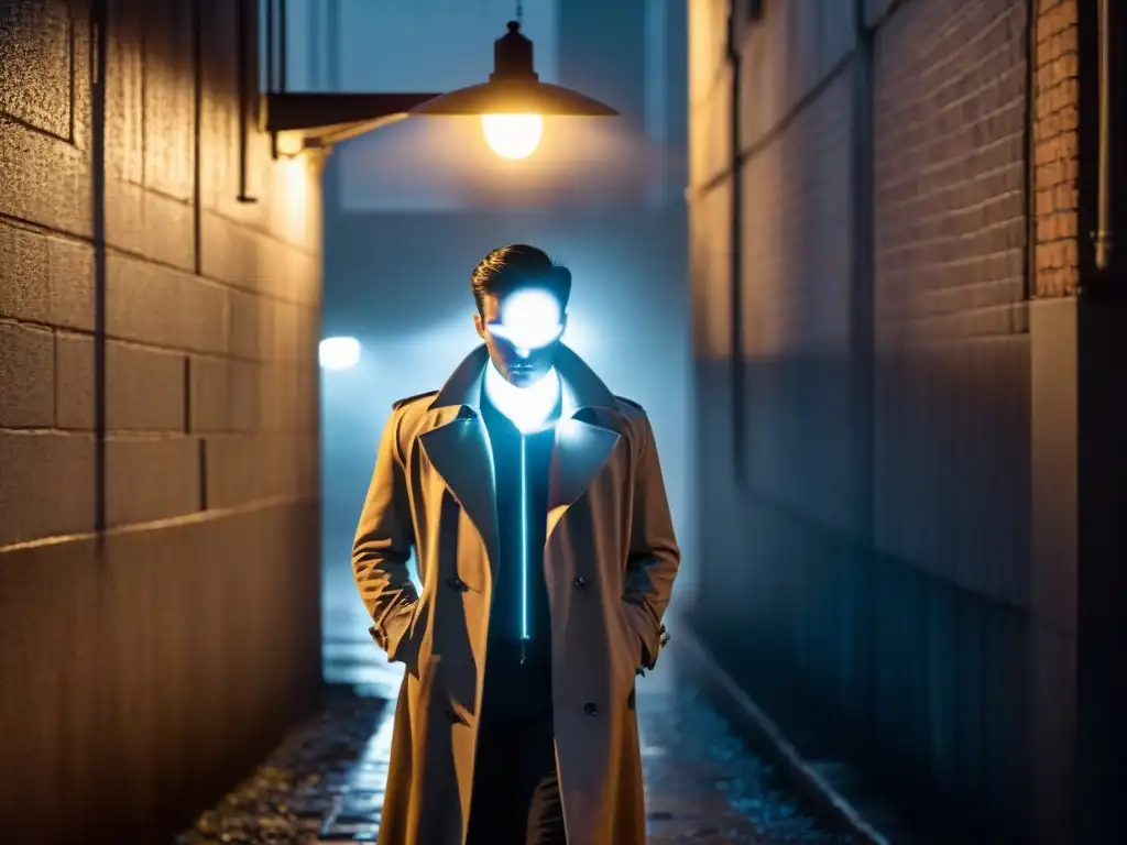 Figura misteriosa en callejón oscuro con app de seguridad en smartphone Figura misteriosa bajo farola en callejón, con interfaz de app de seguridad en móvil