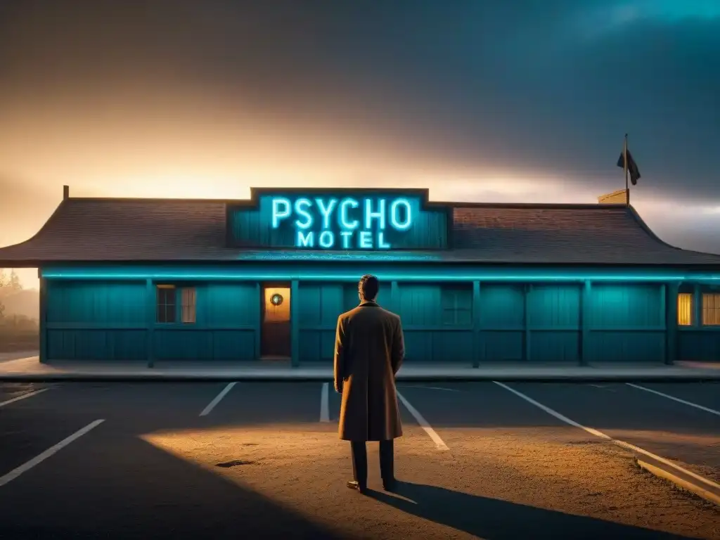 Figura misteriosa en el icónico Bates Motel de 'Psicosis' de Hitchcock, con sombras y misterio