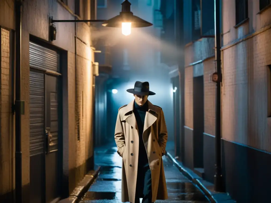 Una figura misteriosa bajo la luz de la farola en un callejón desolado