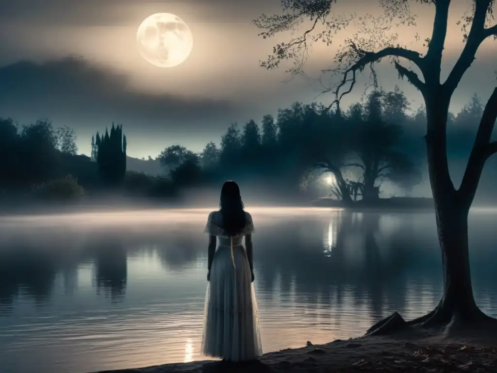 Una figura misteriosa de mujer en la noche junto al lago, evocando la mitología de La Llorona en cine