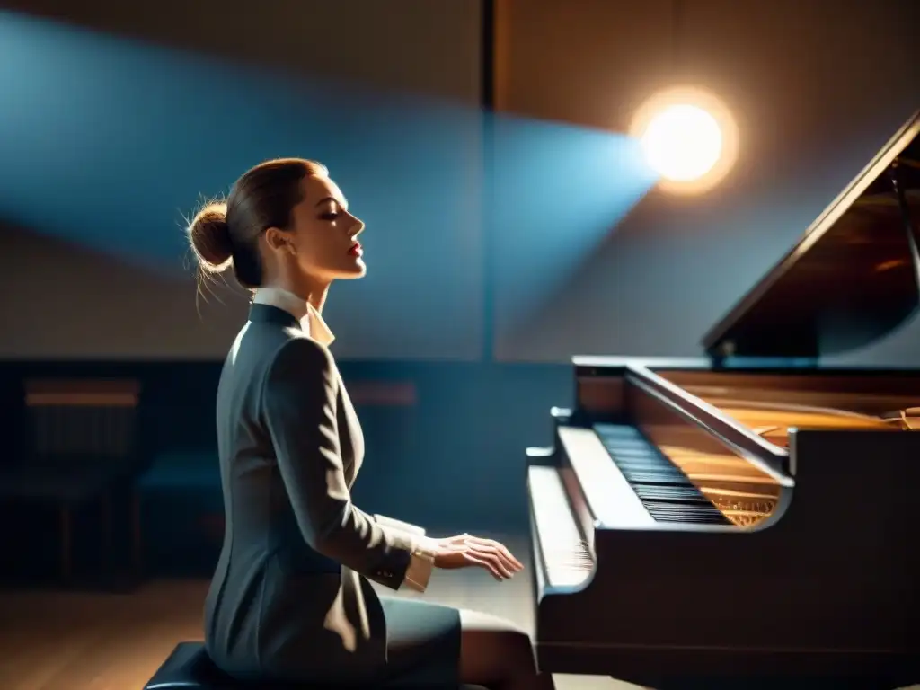 Figura misteriosa tocando el piano en una sala llena de rollos de película antiguos, evocando la atmósfera del cine misterio británico