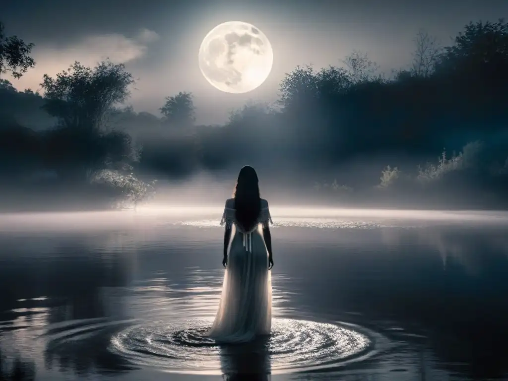 Una figura misteriosa similar a La Llorona en la orilla de un lago brumoso bajo la luna llena