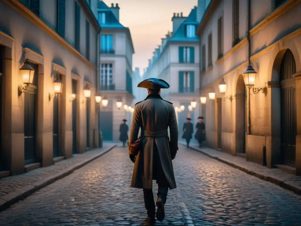 Una figura misteriosa con sombrero tricornio en París, evocando conspiraciones en la Revolución Francesa