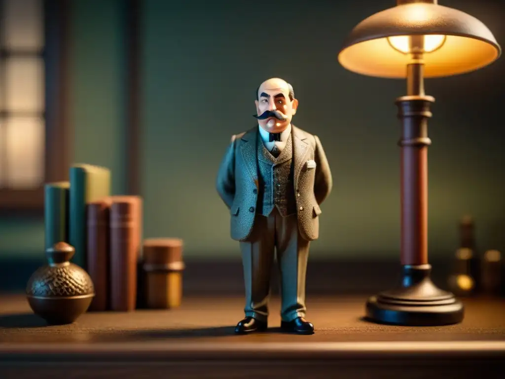 Figura de acción de Hercule Poirot en intrigante escena de detectives cine