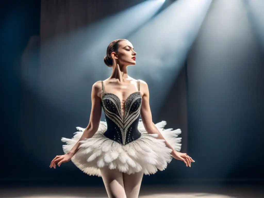 Una figura en silueta en pose de bailarina entre plumas y espejos rotos, inspirada en 'Black Swan'