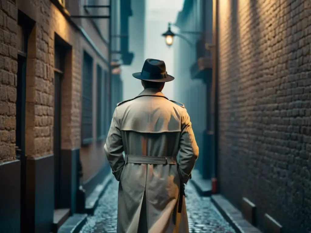 Figura misteriosa en callejón oscuro - Típico Film Noir Una figura solitaria en un callejón oscuro, reflejando el misterio del clásico noir