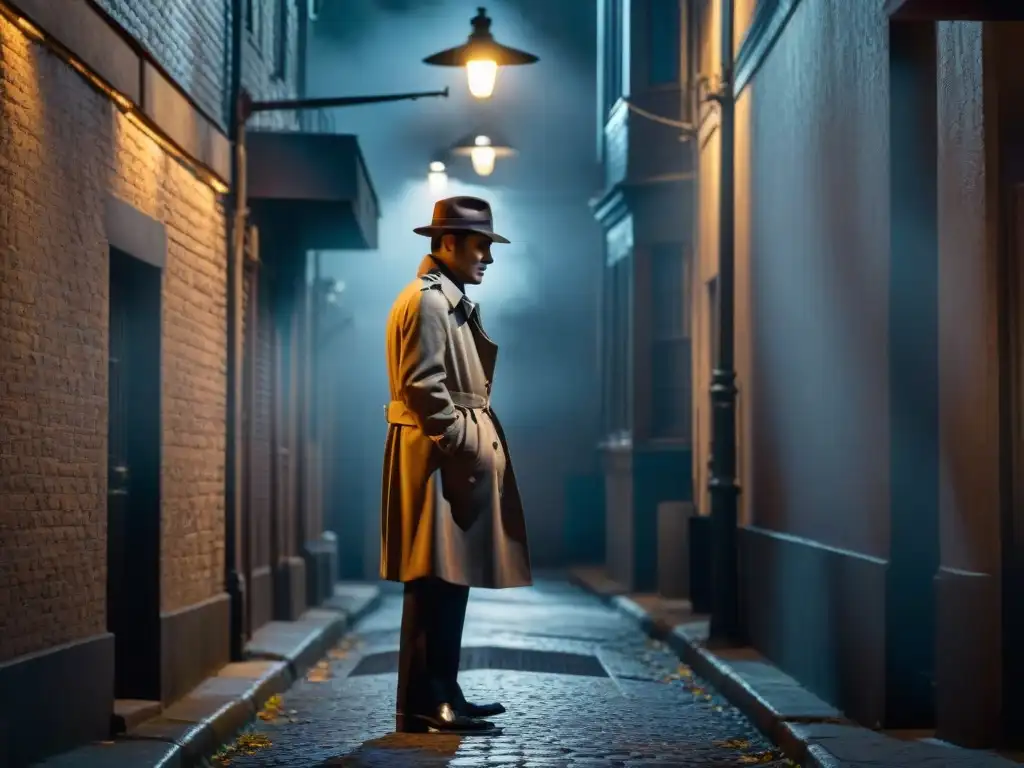 Una figura solitaria en un callejón oscuro de noche, en postura defensiva bajo la luz de una farola