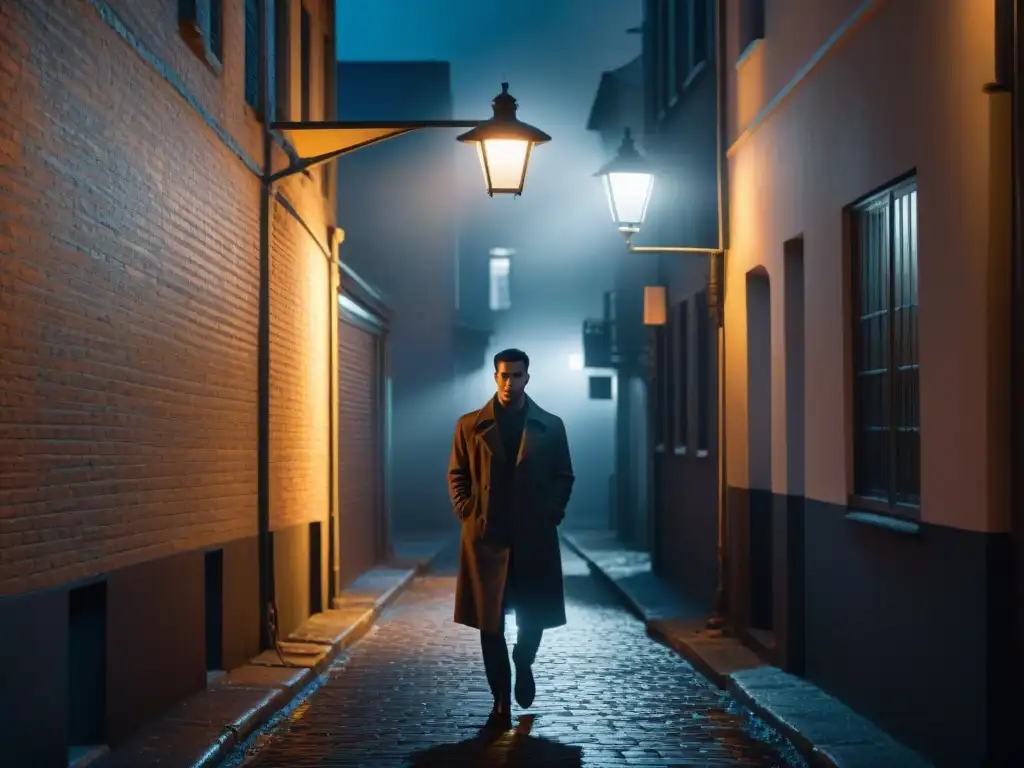 Una figura solitaria en un callejón oscuro sostiene un moderno gadget de defensa personal, creando un ambiente de suspense y misterio