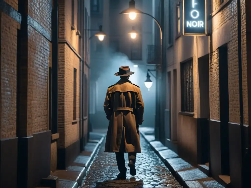 Figura solitaria en un callejón oscuro, mirando con paranoia bajo una farola titilante