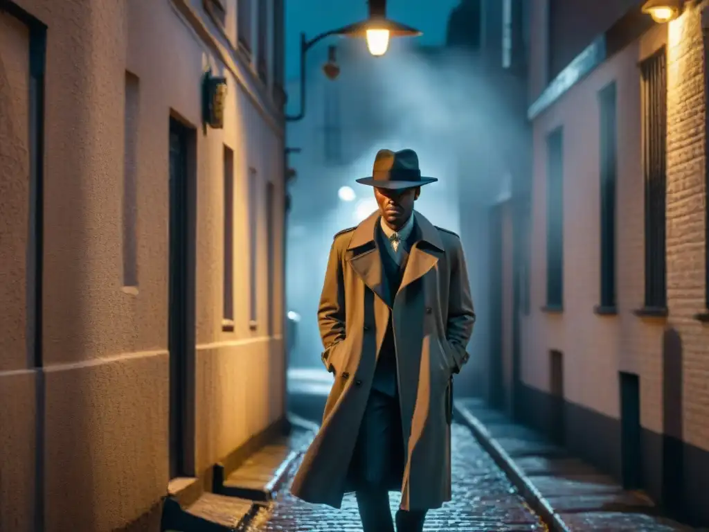 Figura solitaria en un callejón oscuro de noche, bajo una farola parpadeante