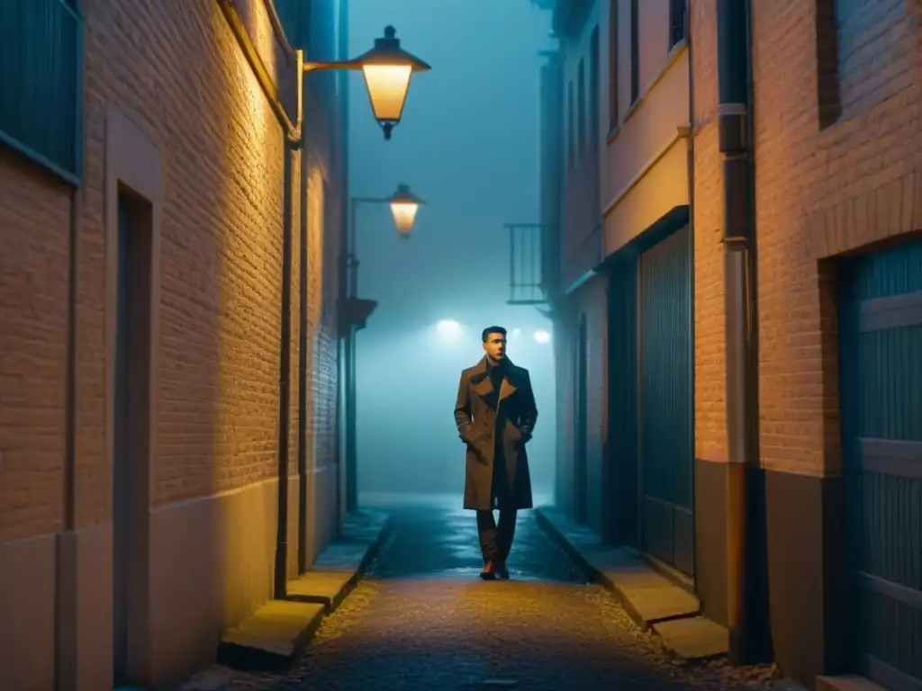 Figura solitaria en callejón oscuro de noche, bajo farola titilante