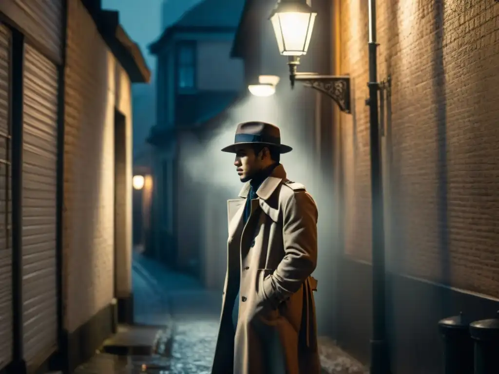 Figura solitaria en un callejón oscuro, bajo la luz de una farola, evocando el misterio del cine y la televisión de técnicas detectives