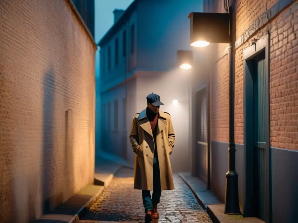 Una figura solitaria en un callejón sombrío de noche, bajo una farola parpadeante