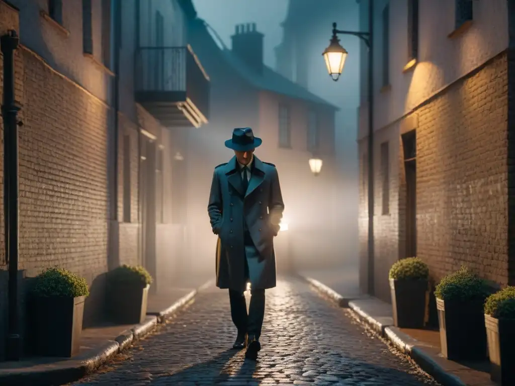 Alleyway misterioso: figura solitaria bajo farola Figura solitaria bajo farola en callejón oscuro, ambiente misterioso y suspense con cajas de suscripción misterio detectives