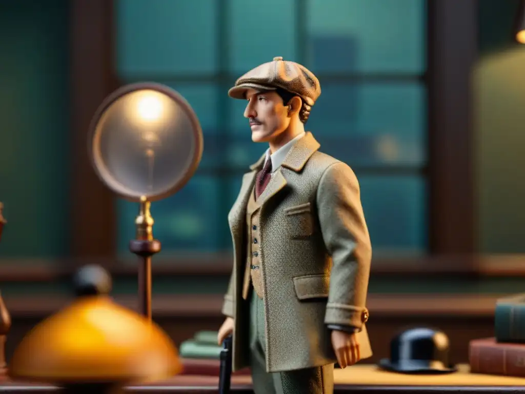 Figura de acción de Sherlock Holmes en ambiente noir con sombras y contrastes