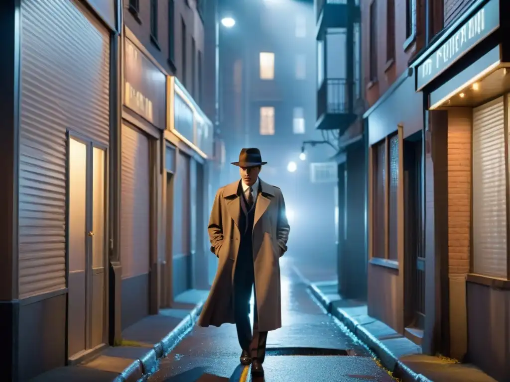 Dos figuras en un callejón nocturno iluminado por farola, un detective clásico y un robot de IA moderno