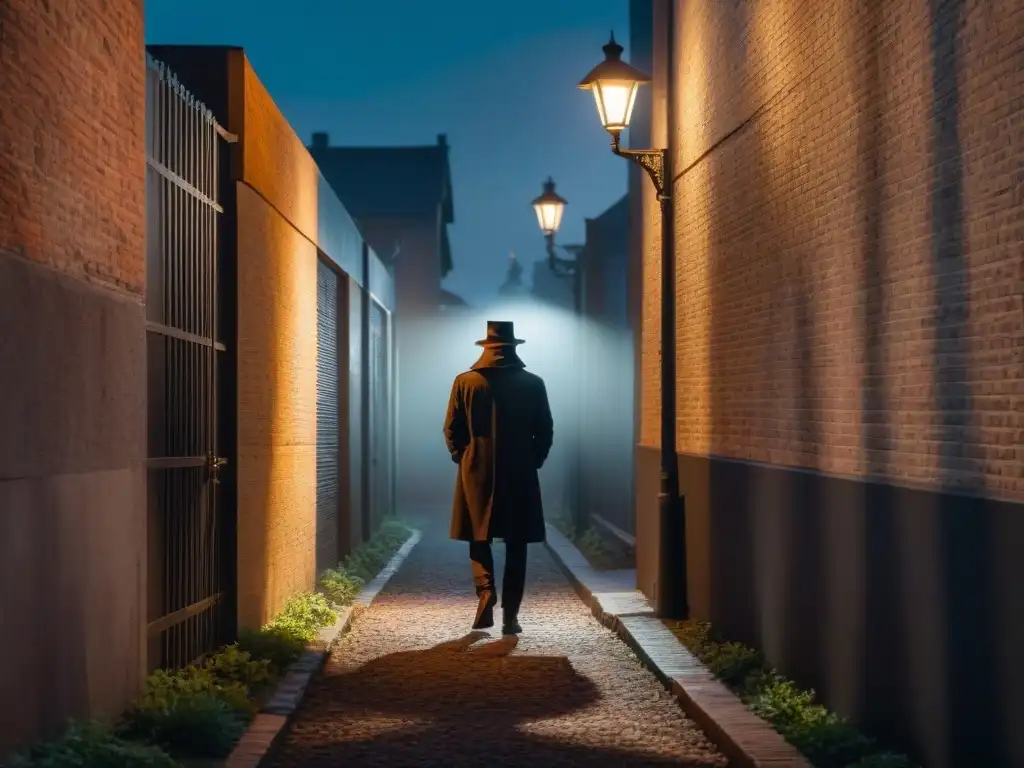 Dos figuras en un callejón oscuro iluminado por una farola titilante, reflejando misterio y dilema moral