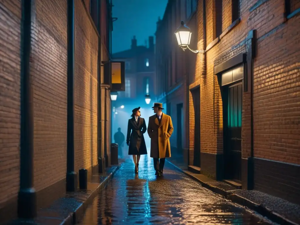 Dos figuras en un callejón oscuro, bajo la lluvia, iluminadas por un letrero de neón