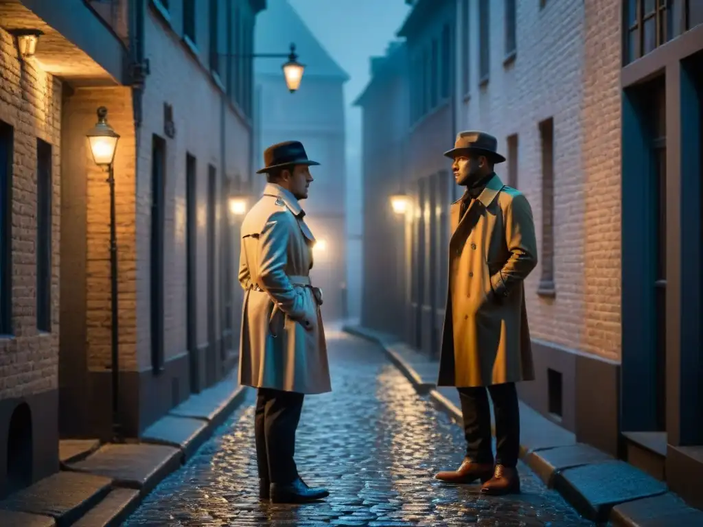 Dos figuras en un callejón oscuro y lluvioso, una con gabardina y sombrero, en una escena de misterio estilo Film Noir